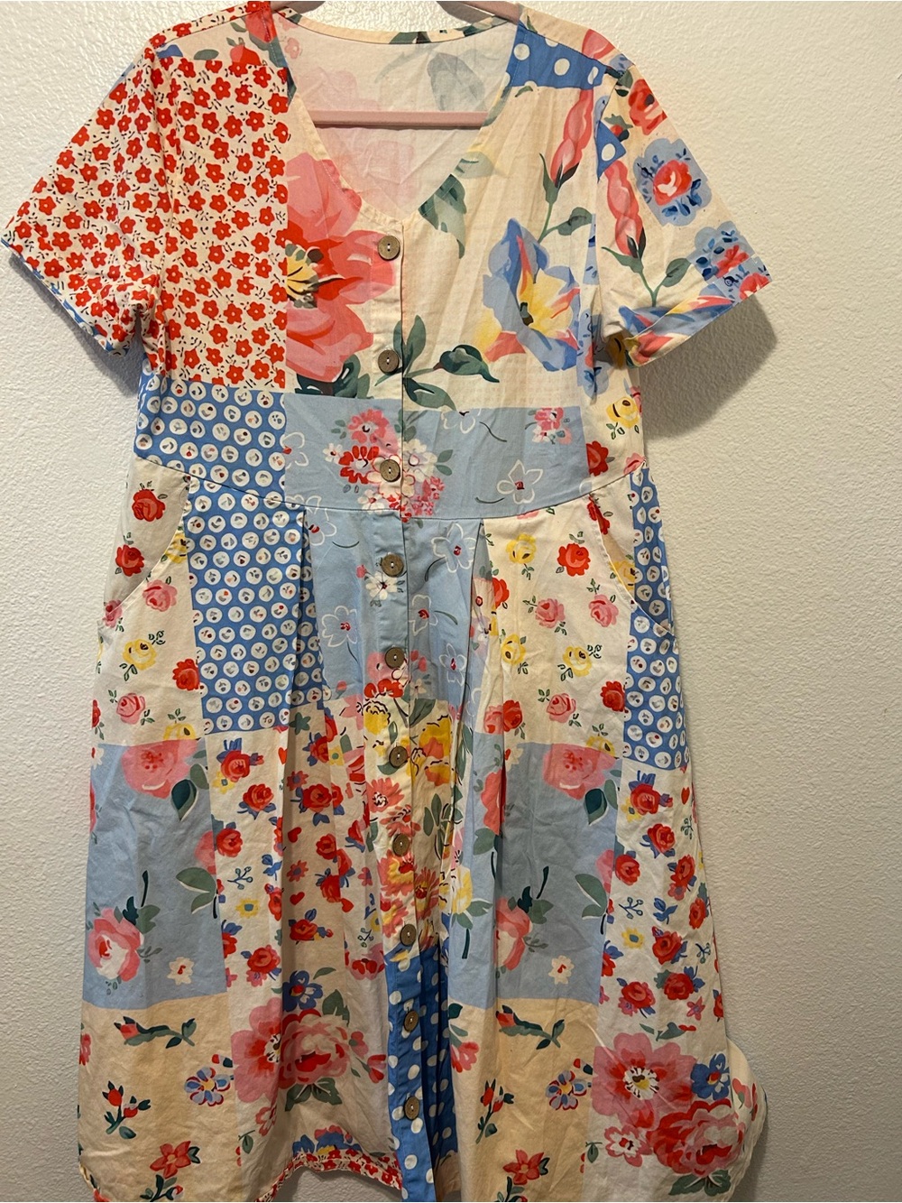 Patchwork Floral V-Neck Maxi Dress in Blue and Pink - Picture 2 of 7
